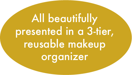 All Beautifully Presented in a 3-Tier, Reusable Makeup Organizer